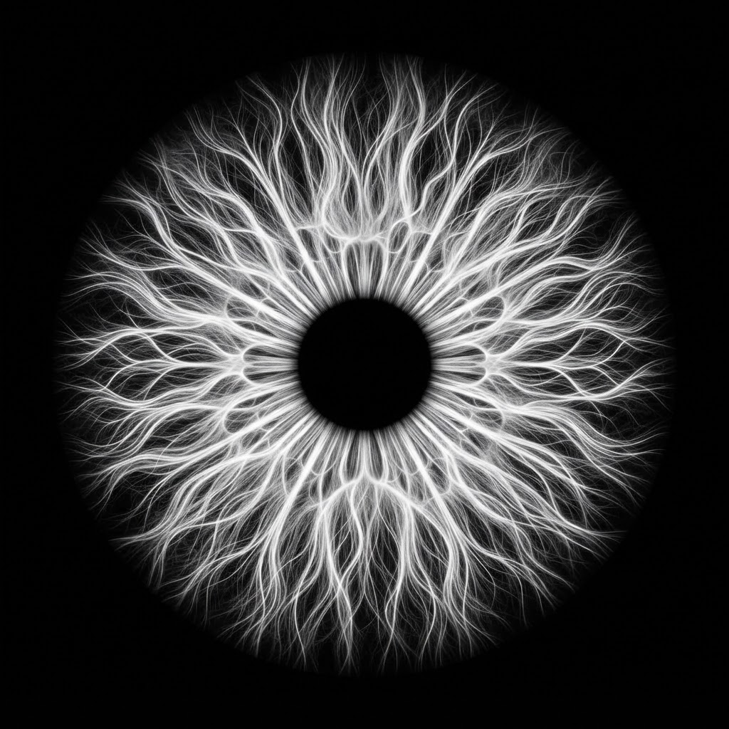 A human iris rendered as thousands of living fibres radiating from a dark centre